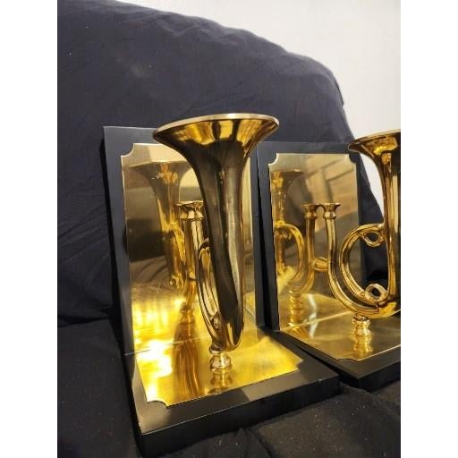 Mid 20th Century Sarreid Ltd. Limited Edition Solid Brass Trumpet Sculptural Bookends - Pair For Sale - Image 4 of 16