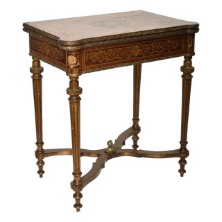 1950s French Style Fold Over Game Table Satinwood Inlay Brass Ware For Sale