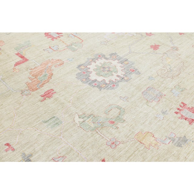 Textile Hand-Knotted Modern Oushak Style Wool Rug – Muted Pastel Floral Transitional For Sale - Image 7 of 11