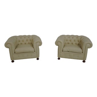 Pair Creme Color Leather Chesterfield Chairs For Sale