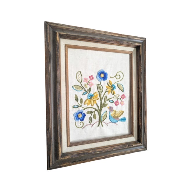 Vintage Crewel Bird Floral Textile Art Framed For Sale - Image 4 of 9