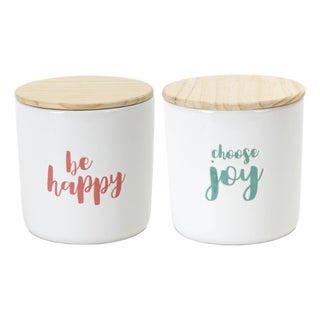 Stoneware Happy Sentiment Canister with Wood Lid (Set of 2) For Sale