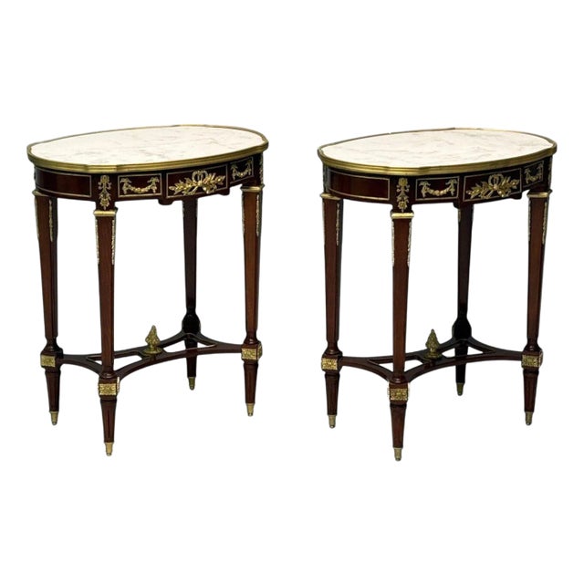 Louis XVI Style, Mahogany, Dore Bronze, Marble, Side Tables, Europe, 1970s For Sale
