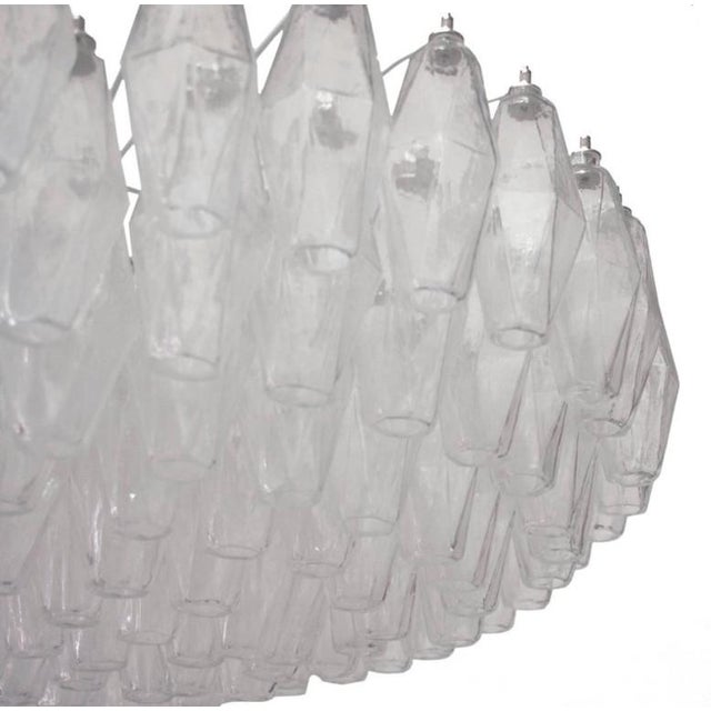 Italian modern chandelier with clear polyhedron / polyhedral shaped Murano glass, mounted on white enameled metal frame,...