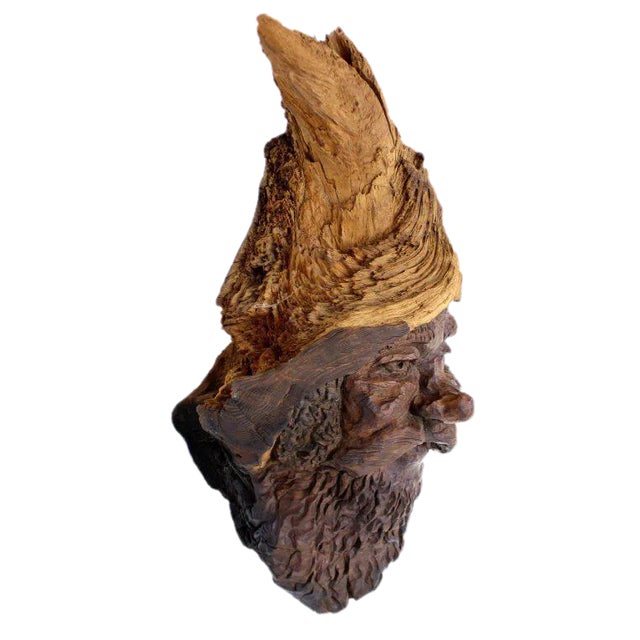 Early 20th Century Detailed Burl Wood Carving of an Elf or Gnome Face Sculture For Sale - Image 10 of 10