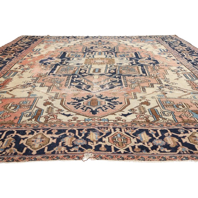 Mid-Century Modern Late 19th Century 1880's Antique Persian Serapi Rug - 11'04 X 13'05 For Sale - Image 3 of 9