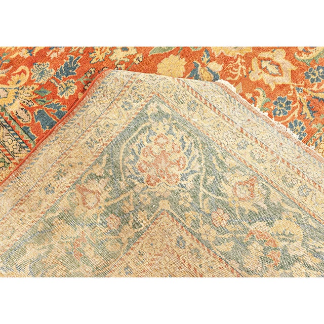 Authentic Indian Red, Blue Botanic Handmade Wool Rug For Sale - Image 4 of 8