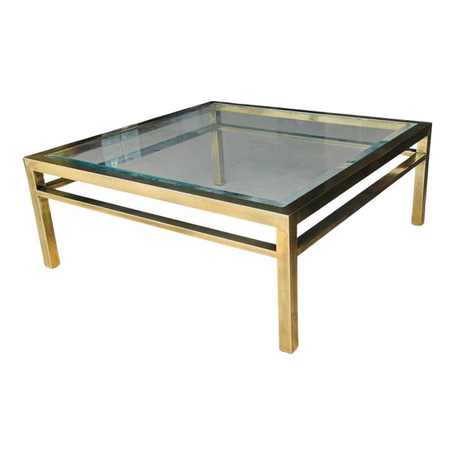 Vintage 1970s Brass & Glass Square Coffee Table | Hollywood Regency Mid-Century Modern Cocktail Table | Maison Jansen Style For Sale