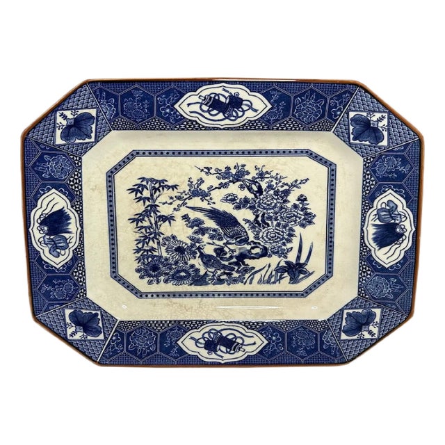 Vintage Oriental Ironstone Platter: Blue Transferware Gamebird Design For Sale
