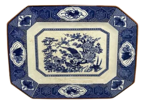 Vintage Oriental Ironstone Platter: Blue Transferware Gamebird Design