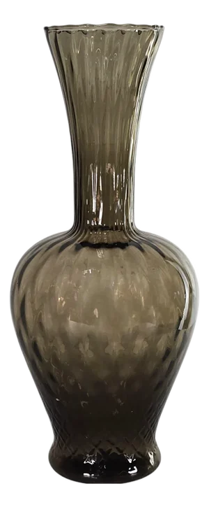 Vintage Italian Empoli Style Optic Swirl Vase – 13.75” Smoke Quilted Art Glass