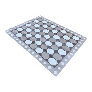 Handmade Cotton Flat Weave Swedish Tile Rug, Dark Beige, Cream and Brown Dhurrie - 8'x10' For Sale