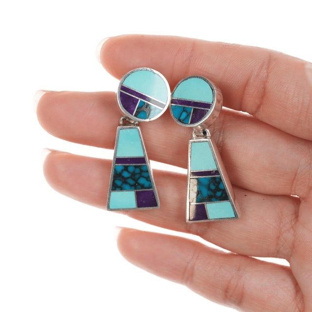 Contemporary 2pr Ray Tracey Knifewing Navajo Multi-stone channel inlay sterling earrings For Sale - Image 3 of 8