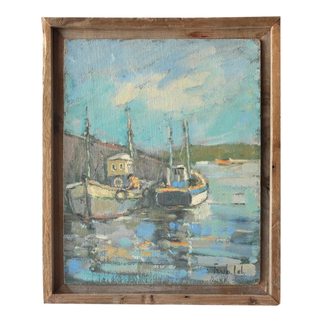 Midcentury Harbor Still Life W/ Fishing Boats For Sale