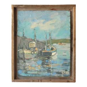 Midcentury Harbor Still Life W/ Fishing Boats