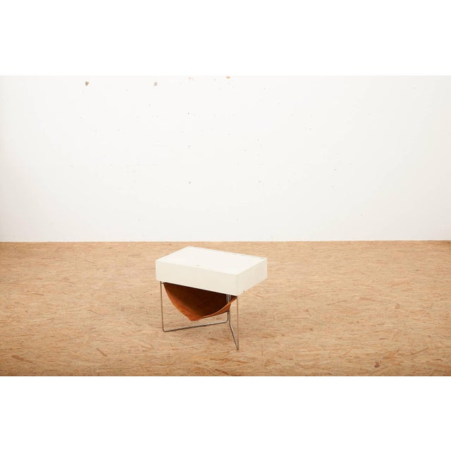 Folding Metal Frame Box with Leather Compartment in White Painted Plywood from Wohnhilfe, 1950s For Sale - Image 3 of 12