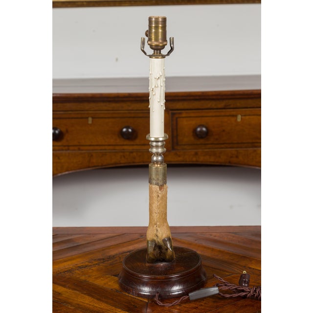 arly 20th Century English Deer Leg Wired Table Lamp Dated 1908, Mounted on a Circular Wooden Base For Sale - Image 10 of 11