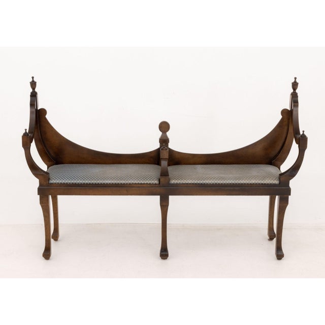 Hepplewhite Style Mahogany Courting Bench, with urn form finials on plaque form back, blue upholstered seating on five...