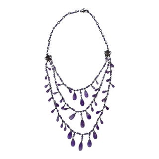 Ralph Lauren Faceted Amethyst and Sterling Silver 3 Tiered Necklace For Sale