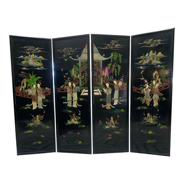 Vintage Hand-Painted Chinese Lacquer Wall Panel Set (4 Panels) For Sale