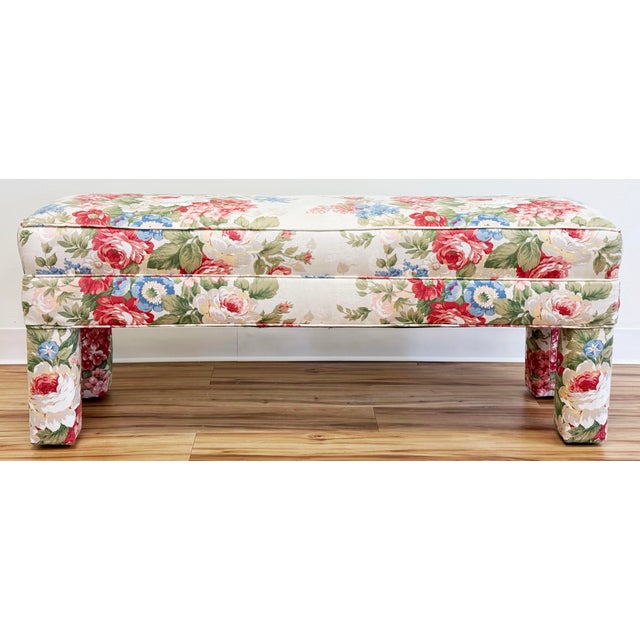 English Vintage Floral Pattern Upholstered Parsons Style Bench For Sale - Image 3 of 11