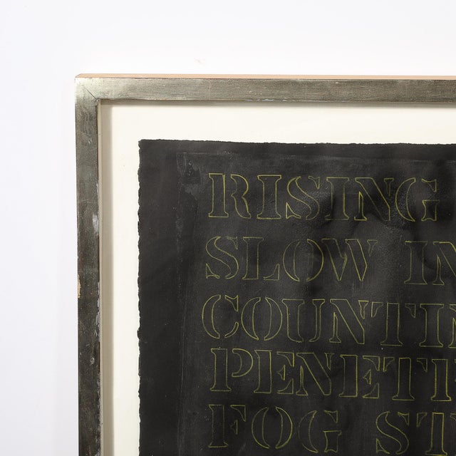A compelling visual exploration of abstraction and textual interplay, this mixed media art piece on paper exudes a bold...