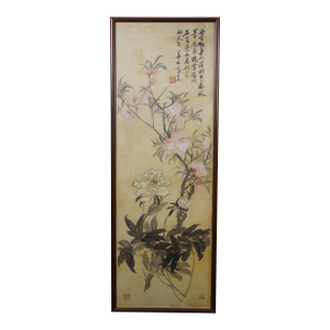 Antique Jiang Jun Chinese Peony Peach Blossom Watercolor on Silk Painting 44"