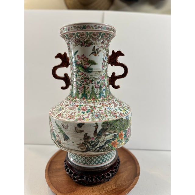 Large 18" Chinese Famille Rose Porcelain Vase With Dragon Handles & Peacocks For Sale In Los Angeles - Image 6 of 12