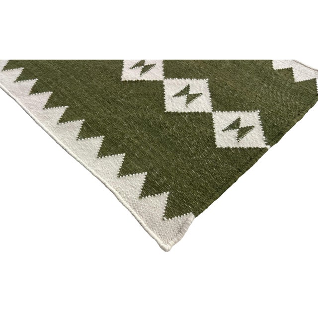 Handmade New Zealand Wool Dhurrie Runner, Olive Green and Cream Geometric Runner Rug- 2'x10' For Sale - Image 6 of 12