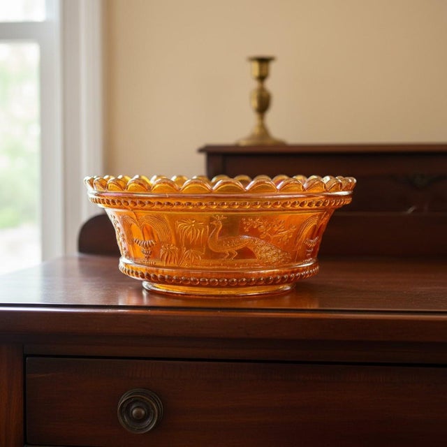 Antique Northwood Peacock at the Fountain Marigold Carnival Art Glass Berry Bowl For Sale - Image 9 of 11