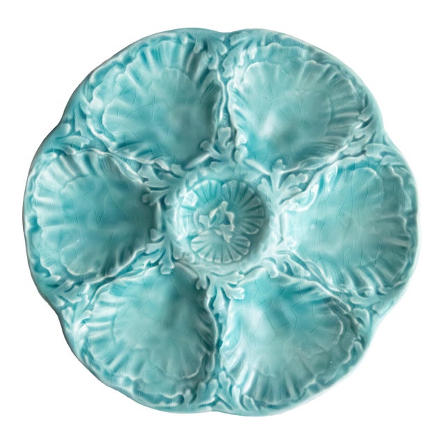 Vintage French Gien Turquoise Majolica Oyster Plate For Sale