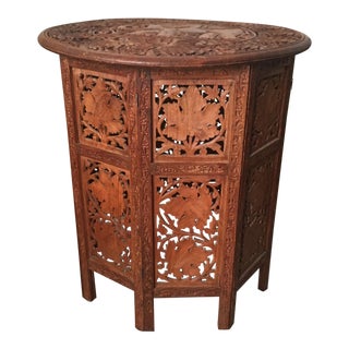 Indian Hand-Carved Wood Folding Octagonal Side Table For Sale