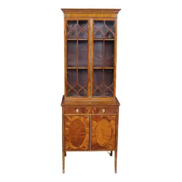 Antique 19th Century English Satinwood Vitrine – Narrow Display Cabinet With Inlay Detail For Sale