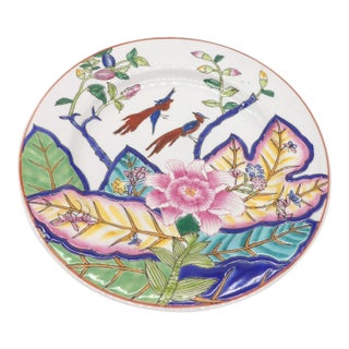 Vintage Tobacco Leaf Plate – Hand-Painted Phoenix Birds, Floral Design (10 1/2") For Sale