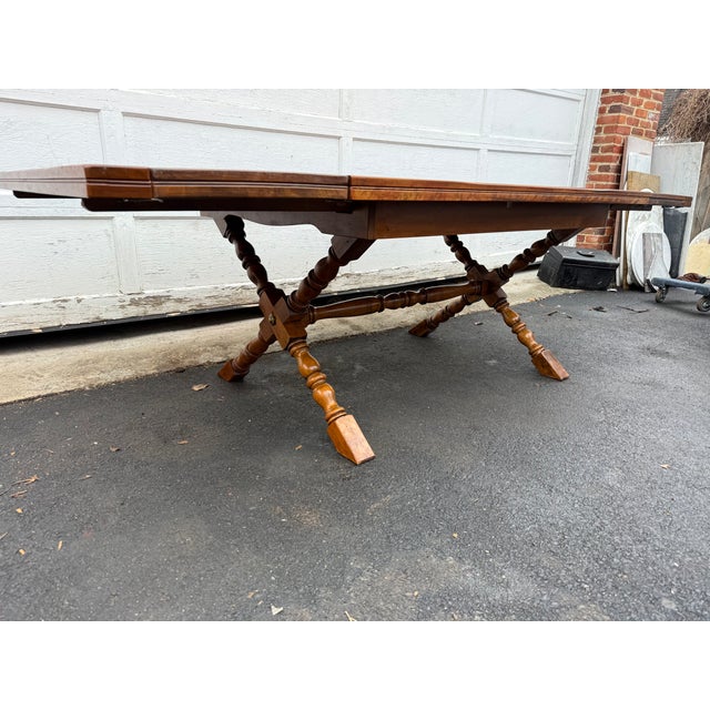 Vintage Cushman Colonial Creations Farmhouse Style Solid Maple Sawbuck Table With Trestle Base With 2 Leaves For Sale - Image 14 of 17