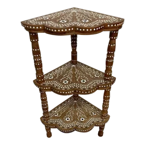 1970s Vintage Three Tier Intricate Inlay Corner Shelving Unit