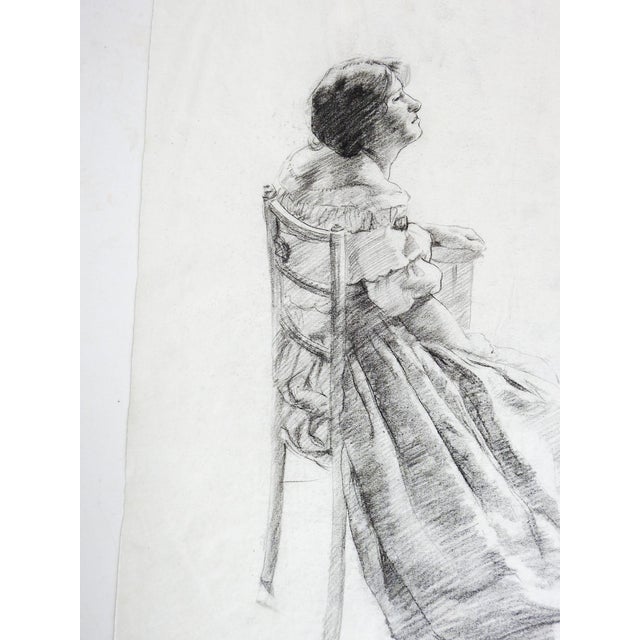 Late 19th century pencil on thin paper portrait study of woman seated in chair. Unsigned. Unframed, minor smudging.