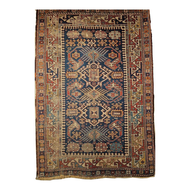 Antique Caucasian Shirvan Area Rug, Handwoven Wool, Allover Geometric Pattern, 1890s, 4' x 6' For Sale