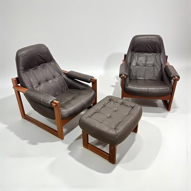 This listing is for an exceptional and very rare mid-century modern brazilian vintage lounge leather armchair set with...
