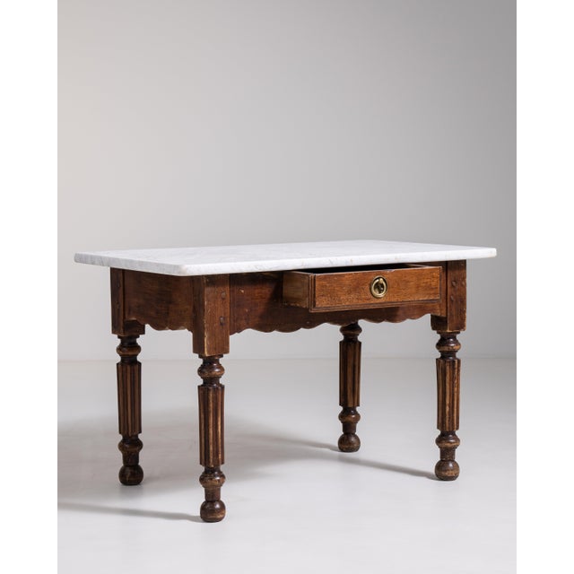 Wood French Butcher's Table with Marble Top, Antique, France, Circa 1900 For Sale - Image 7 of 13