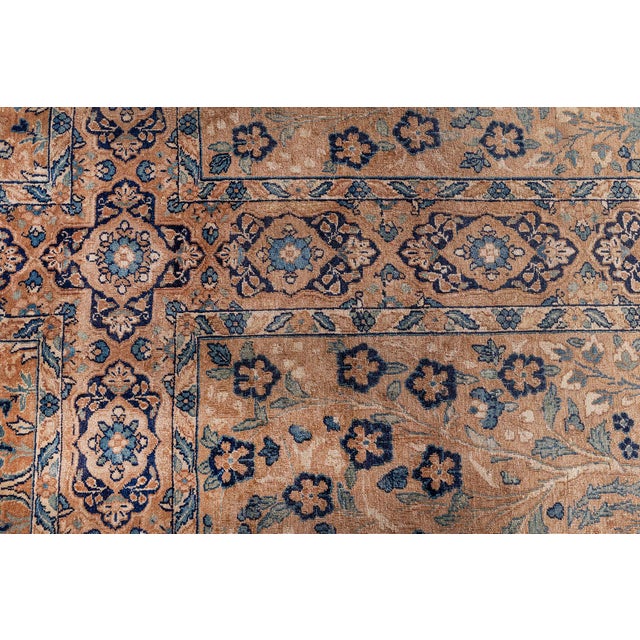 Camel and Pastel Blue Antique Persian Kirman Rug For Sale - Image 9 of 11