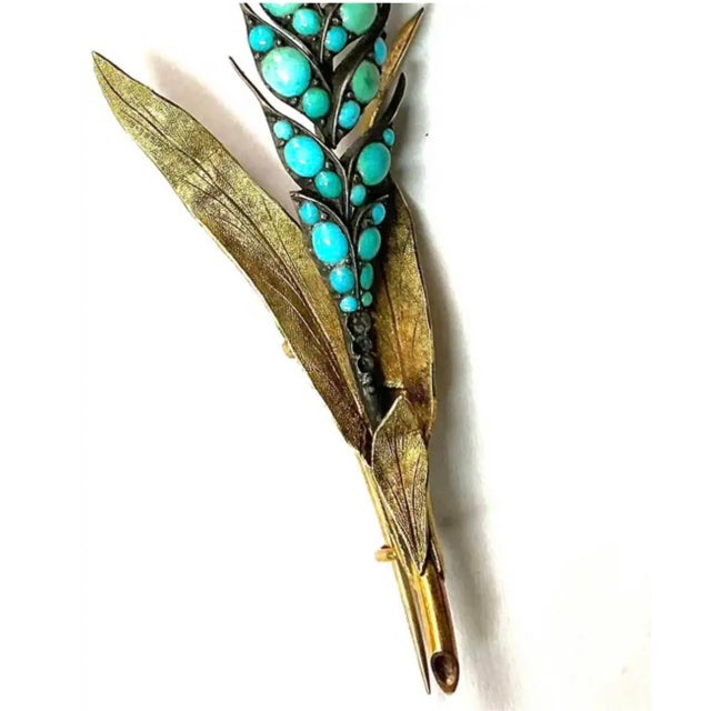 Vintage 14k Gold Turquoise Leaf-Form Brooch, Mid-20th Century, 11.19g For Sale In Tampa - Image 6 of 8