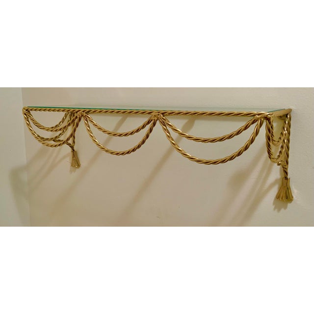 Metal Vintage Solid Brass Tassel Wall Shelf With Glass Top For Sale - Image 7 of 9