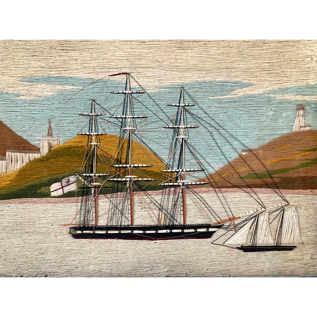 Royal Navy Frigate in a Bay, Circa 1860-1875 British Sailor's Woolwork, commonly known as a "Woolie" This piece of...