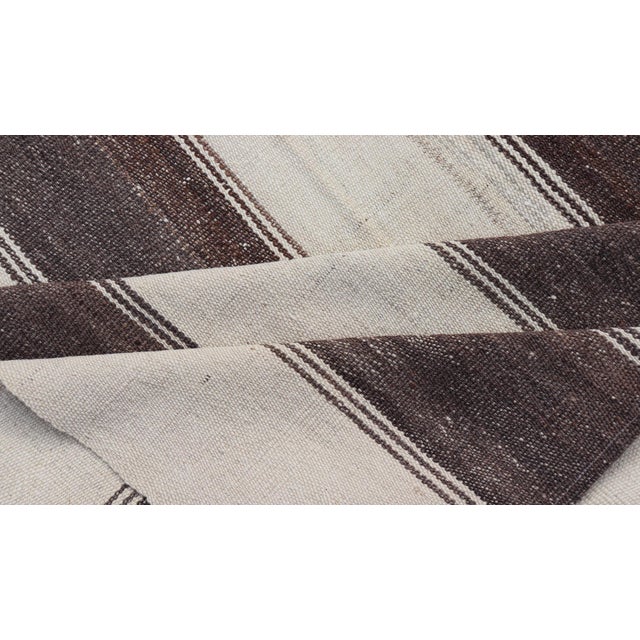 Striped Turkish Vintage Kilim Flat-Weave Rug in Brown, Mocha, and Ivory For Sale - Image 9 of 10