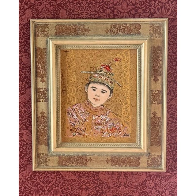 Early 21st Century Edna Hibel "Young Manchu" Signed Mixed Media Artwork. Paint Embellished Lithograph on Porcelain Plaque. Custom Frame For Sale - Image 5 of 13