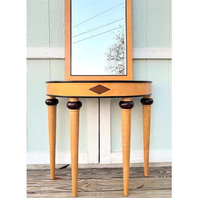 1990s Bombay Company Art Deco Style Maple & Mahogany Demilune Console Table With Mirror, Two Piece For Sale - Image 4 of 12