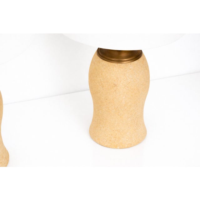 This elegant pair of modernist table lamps is crafted in solid travertine stone, dating from the 1970s and inspired by the...