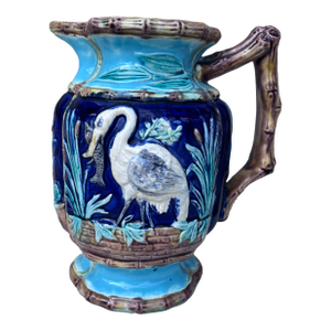 19th Century English Majolica Herons & Bamboo Pitcher Joseph Holdcroft