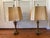 A Pair Vintage Rembrandt Onyx and Gilt Metal Patinated Torchiere Table Lamps with original glass and fabric shades and...
